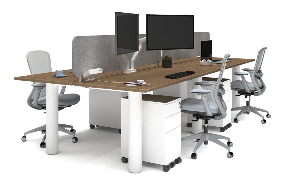 Quadro Cylinder Leg 4 Person Office Workstations [1600L x 700W]-white leg salvage oak light grey acoustic panel (400H x 1600W)