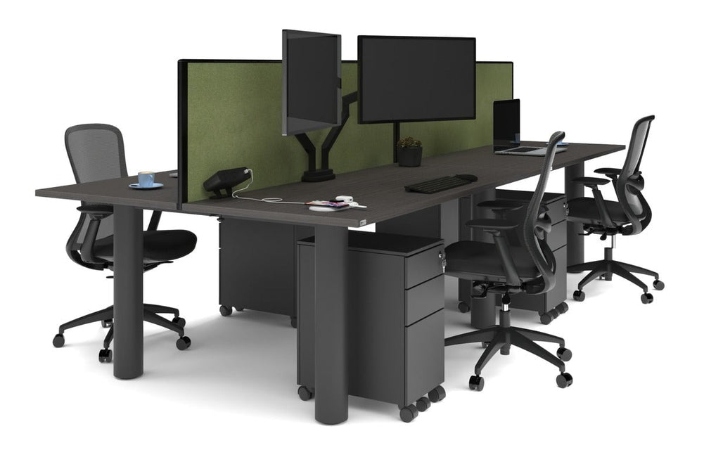 Quadro Cylinder Leg 4 Person Office Workstations [1600L x 700W]-black leg dark oak green moss (500H x 1600W)