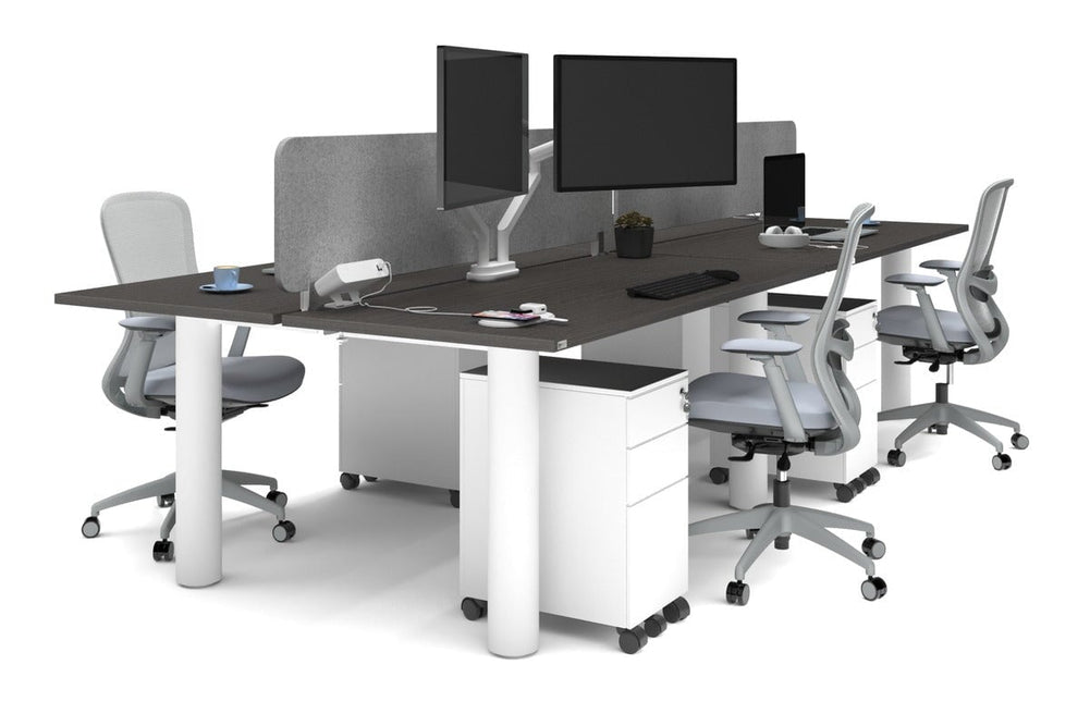 Quadro Cylinder Leg 4 Person Office Workstations [1600L x 700W]-white leg dark oak light grey acoustic panel (400H x 1600W)