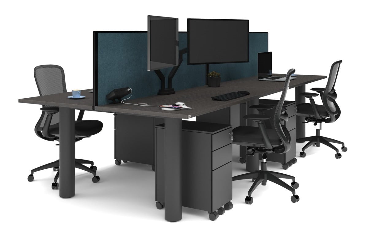 Quadro Cylinder Leg 4 Person Office Workstations [1600L x 700W]-black leg dark oak deep blue (500H x 1600W)