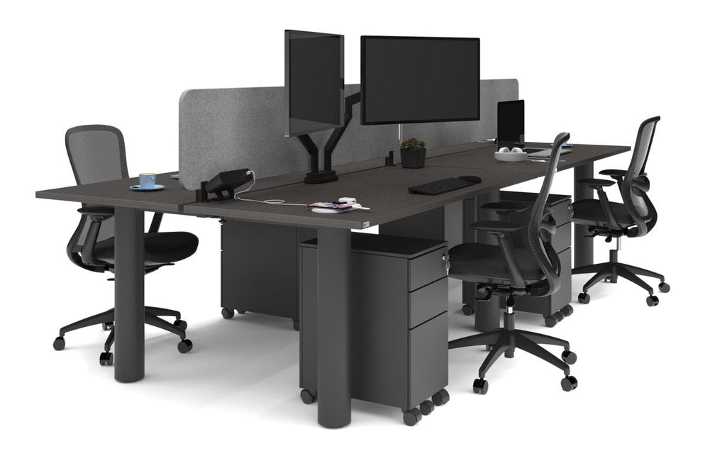 Quadro Cylinder Leg 4 Person Office Workstations [1600L x 700W]-black leg dark oak light grey acoustic panel (400H x 1600W)