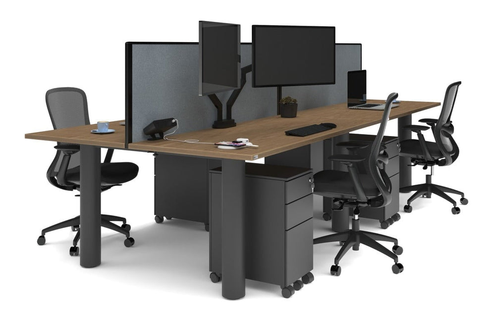 Quadro Cylinder Leg 4 Person Office Workstations [1600L x 700W]-black leg salvage oak cool grey (500H x 1600W)