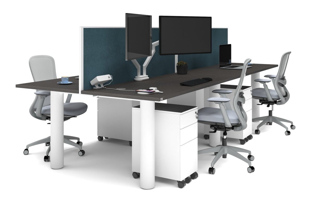 Quadro Cylinder Leg 4 Person Office Workstations [1600L x 700W] Jasonl white leg dark oak deep blue (500H x 1600W)