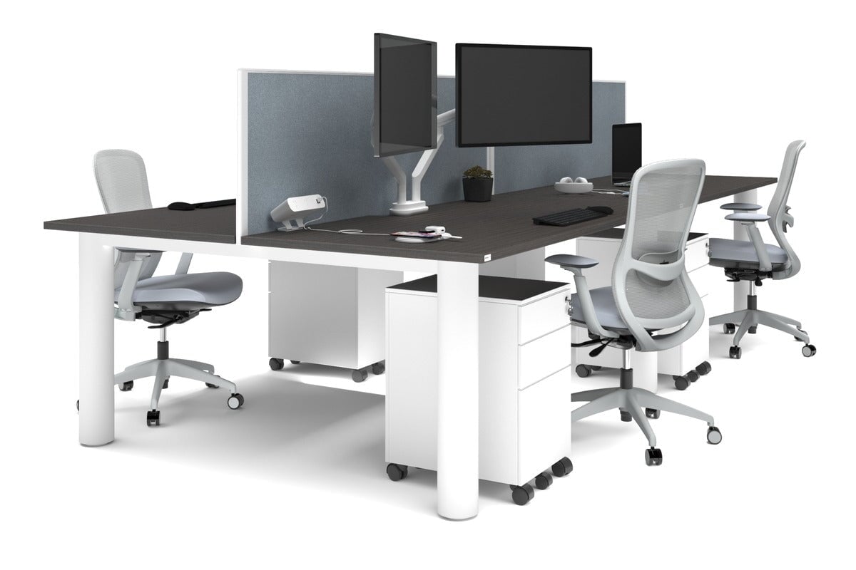 Quadro Cylinder Leg 4 Person Office Workstations [1600L x 800W with Cable Scallop] Jasonl white leg dark oak cool grey (500H x 1600W)