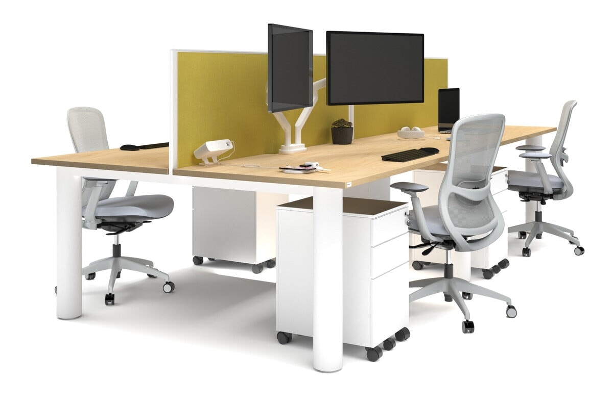 Quadro Cylinder Leg 4 Person Office Workstations [1600L x 800W with Cable Scallop] Jasonl white leg maple mustard yellow (500H x 1600W)
