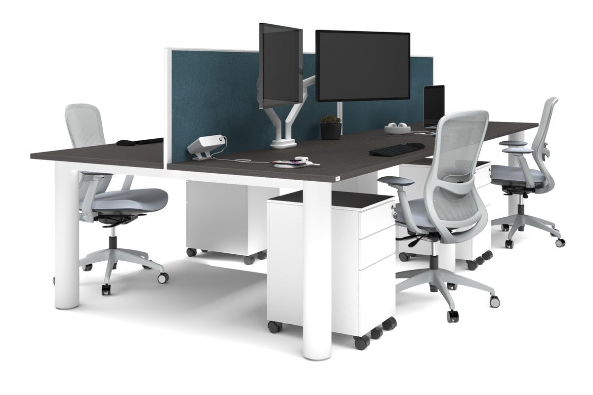 Quadro Cylinder Leg 4 Person Office Workstations [1600L x 800W with Cable Scallop] Jasonl white leg dark oak deep blue (500H x 1600W)