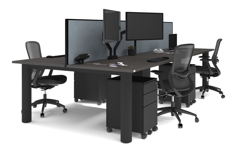 Quadro Cylinder Leg 4 Person Office Workstations [1600L x 800W with Cable Scallop]-black leg dark oak cool grey (500H x 1600W)