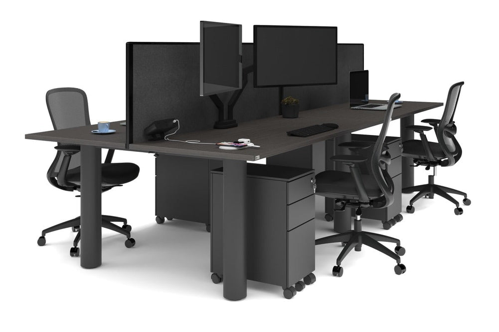 Quadro Cylinder Leg 4 Person Office Workstations [1800L x 700W]-black leg dark oak mustard yellow (500H x 1800W