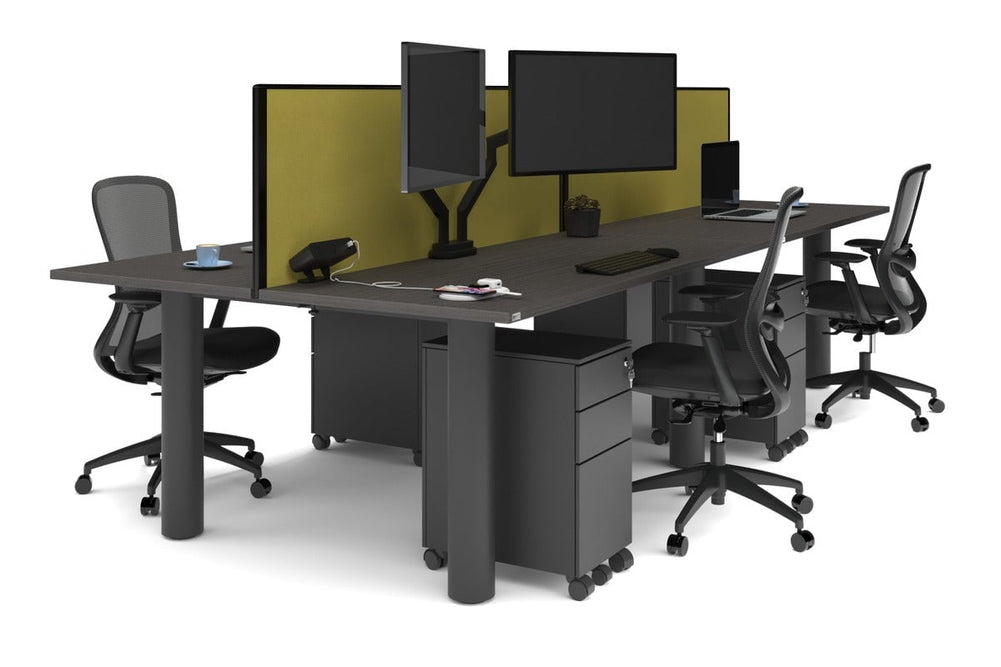 Quadro Cylinder Leg 4 Person Office Workstations [1800L x 700W]-black leg dark oak green moss (500H x 1800W)