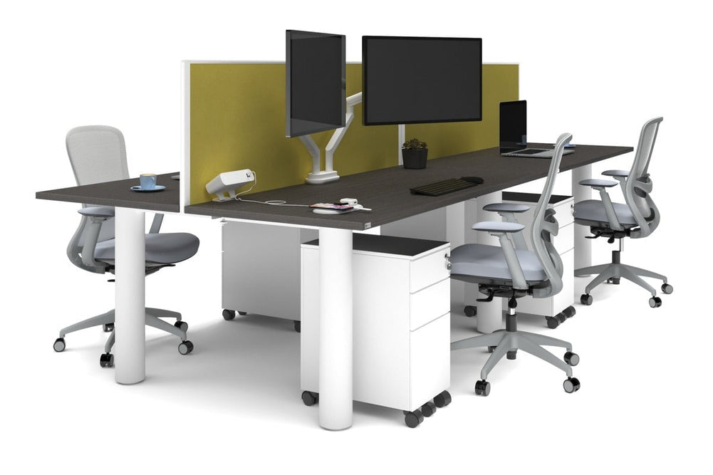 Quadro Cylinder Leg 4 Person Office Workstations [1800L x 700W]-white leg dark oak mustard yellow (500H x 1800W)