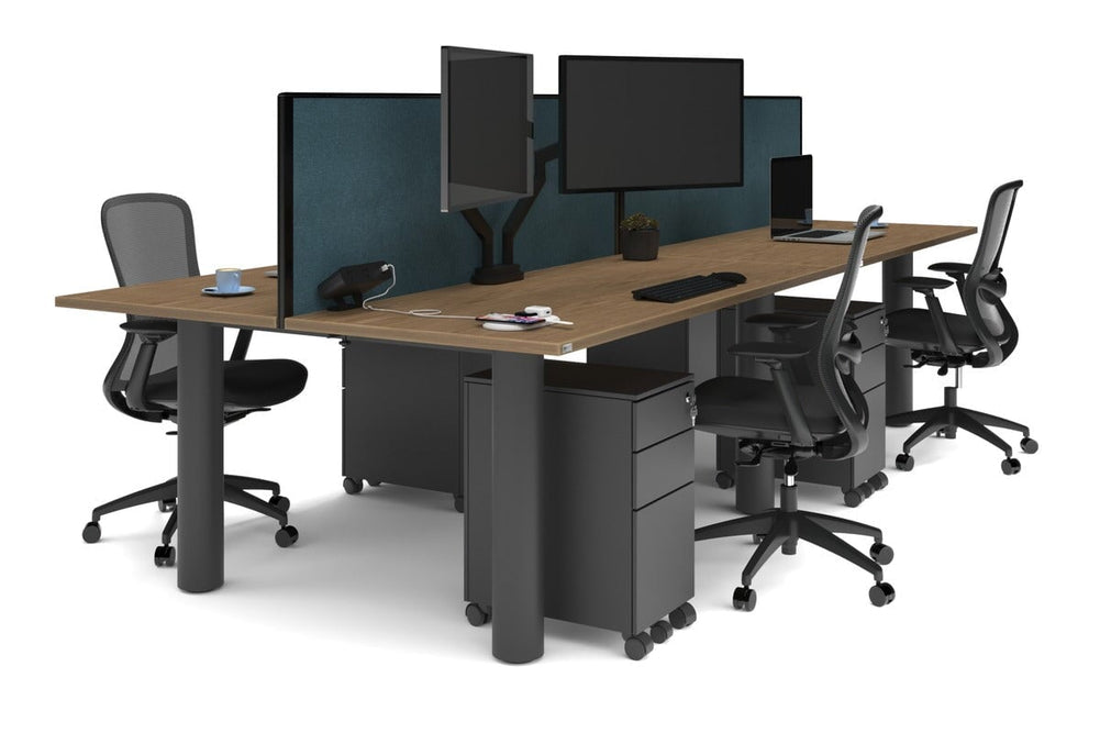 Quadro Cylinder Leg 4 Person Office Workstations [1800L x 700W]-black leg salvage oak cool grey (500H x 1800W)