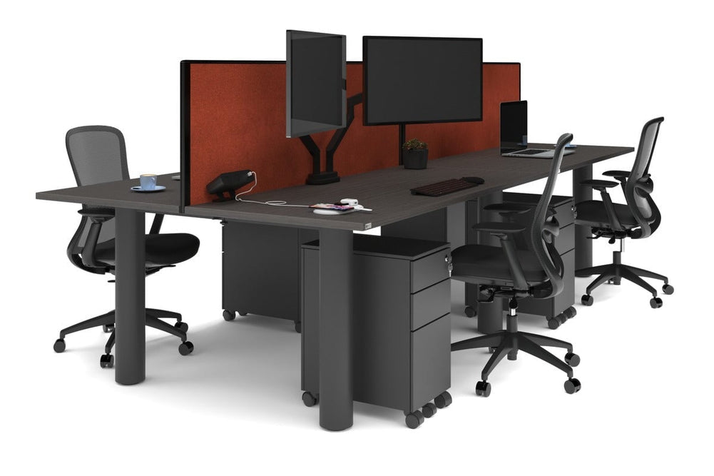 Quadro Cylinder Leg 4 Person Office Workstations [1800L x 700W]-black leg dark oak orange squash (500H x 1800W)