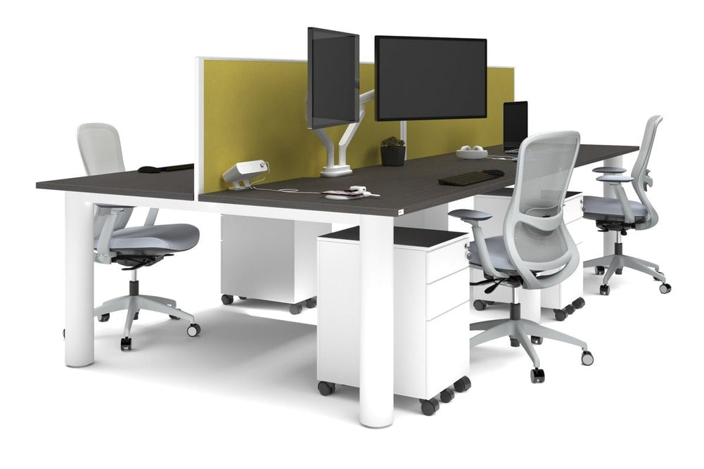 Quadro Cylinder Leg 4 Person Office Workstations [1800L x 800W with Cable Scallop]-white leg dark oak mustard yellow (500H x 1800W)