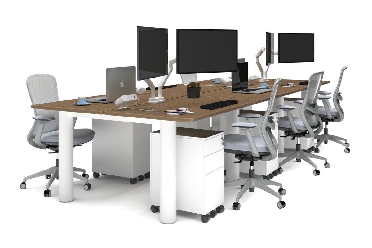 Quadro Cylinder Leg 6 Person Office Workstations [1200L x 700W]-white leg salvage oak none