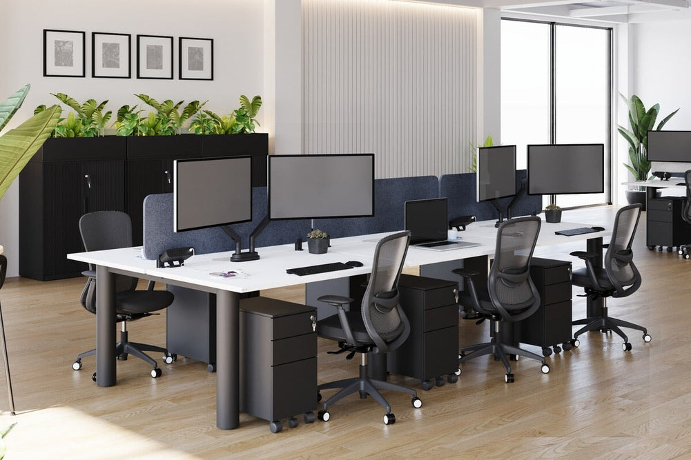 Quadro Cylinder Leg 6 Person Office Workstations [1400L x 800W with Cable Scallop]-black leg dark oak moody charcoal (500H x 1400W)