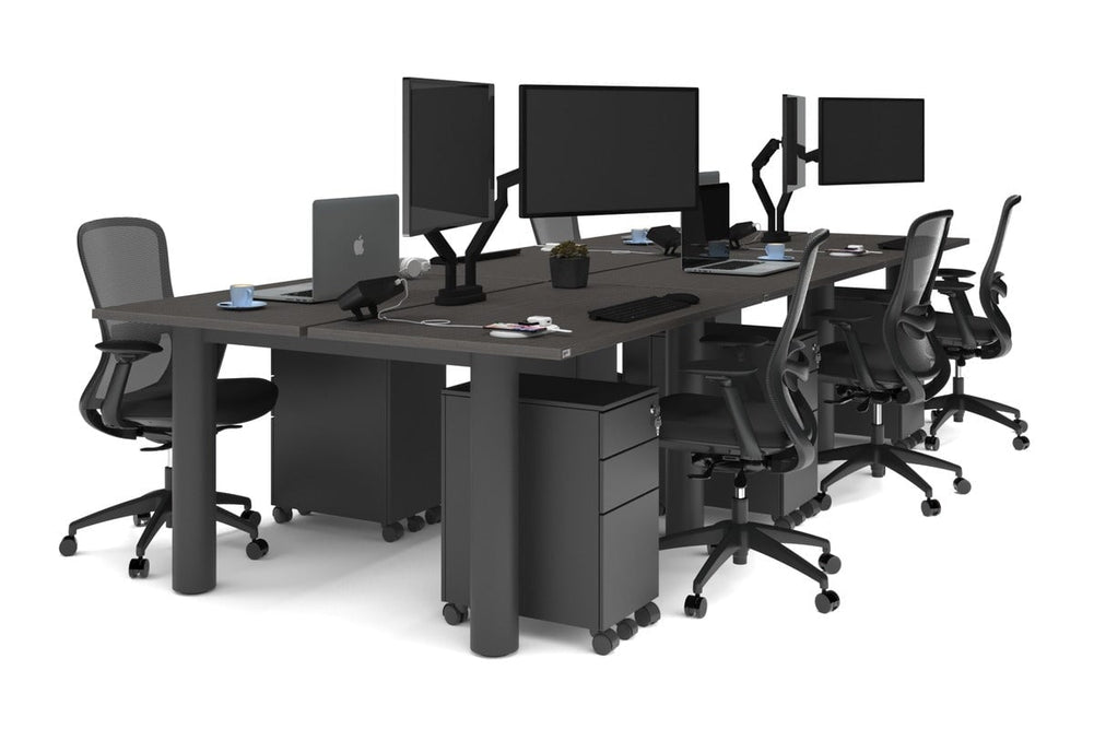 Quadro Cylinder Leg 6 Person Office Workstations [1400L x 700W]-black leg dark oak none