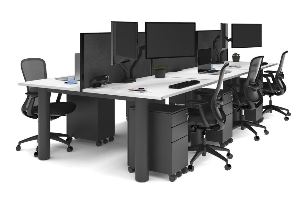 Quadro Cylinder Leg 6 Person Office Workstations [1400L x 700W]-black leg white moody charcoal (500H x 1400W)