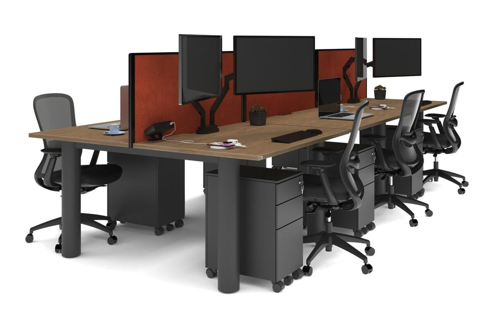 Quadro Cylinder Leg 6 Person Office Workstations [1400L x 700W]-black leg salvage oak orange squash (500H x 1400W)