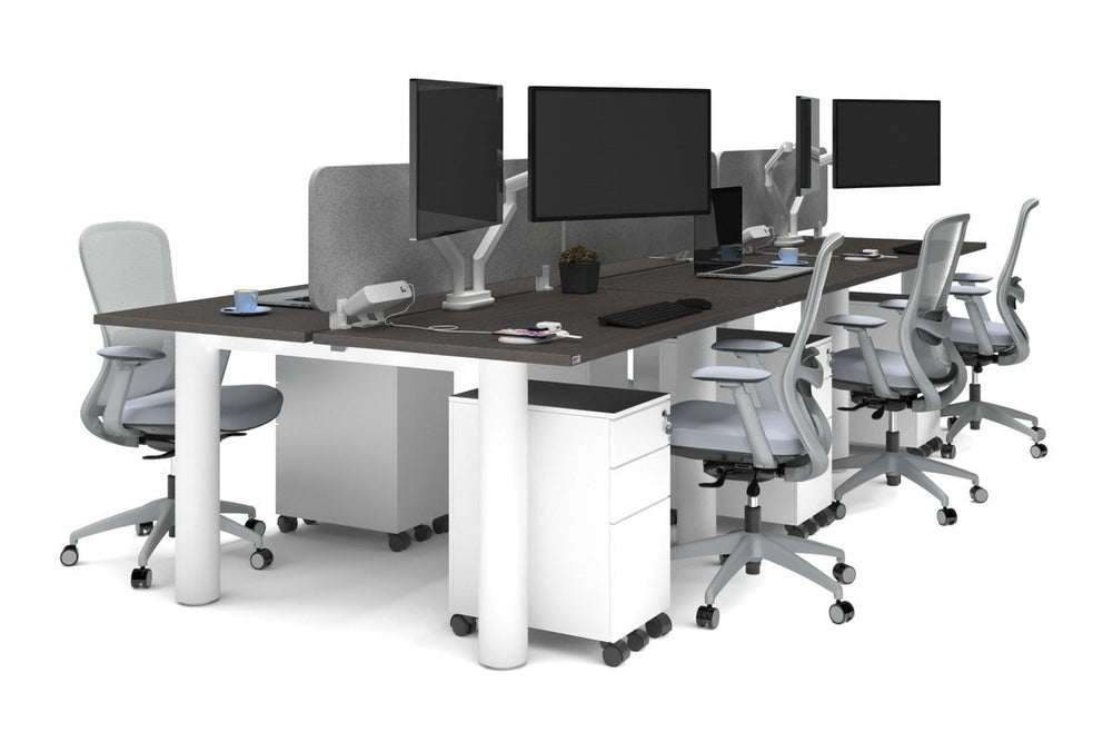 Quadro Cylinder Leg 6 Person Office Workstations [1400L x 700W]-white leg dark oak light grey acoustic panel (400H x 1200W)