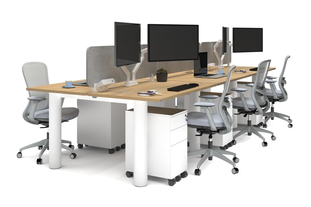 Quadro Cylinder Leg 6 Person Office Workstations [1400L x 700W]-white leg maple light grey acoustic panel (400H x 1200W)