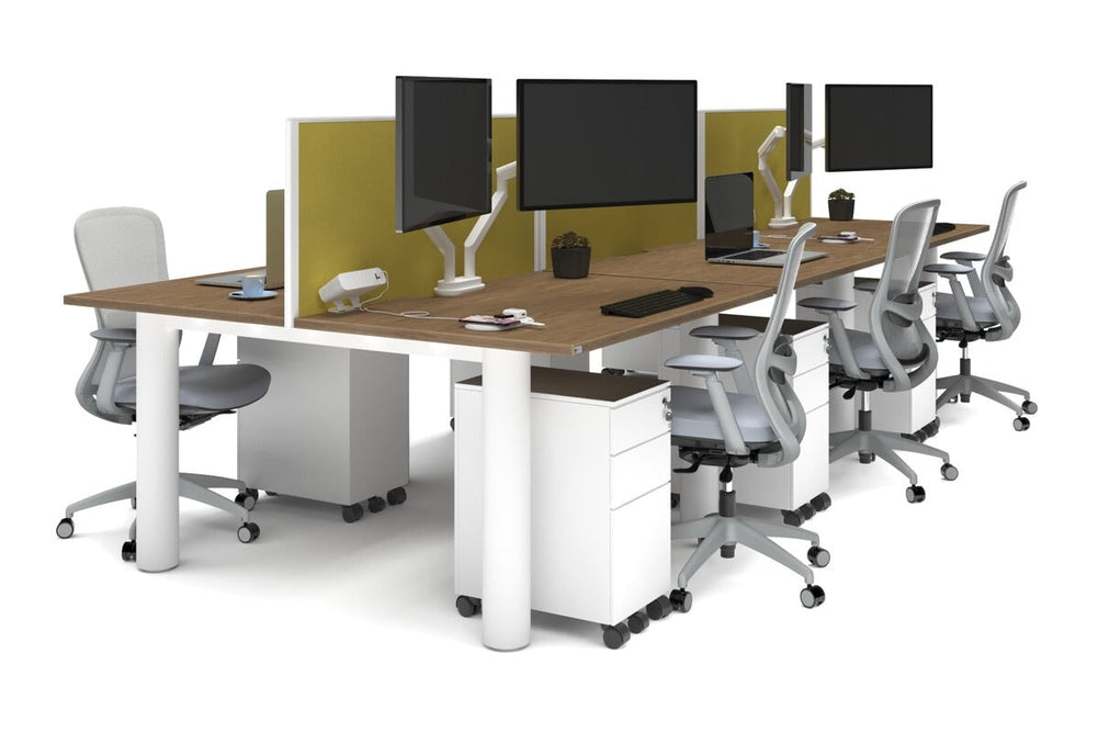 Quadro Cylinder Leg 6 Person Office Workstations [1400L x 700W]-white leg salvage oak mustard yellow (500H x 1400W)