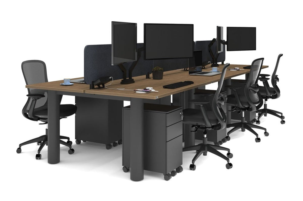 Quadro Cylinder Leg 6 Person Office Workstations [1400L x 700W]-black leg salvage oak dark grey acoustic panel (400H x 1200W)