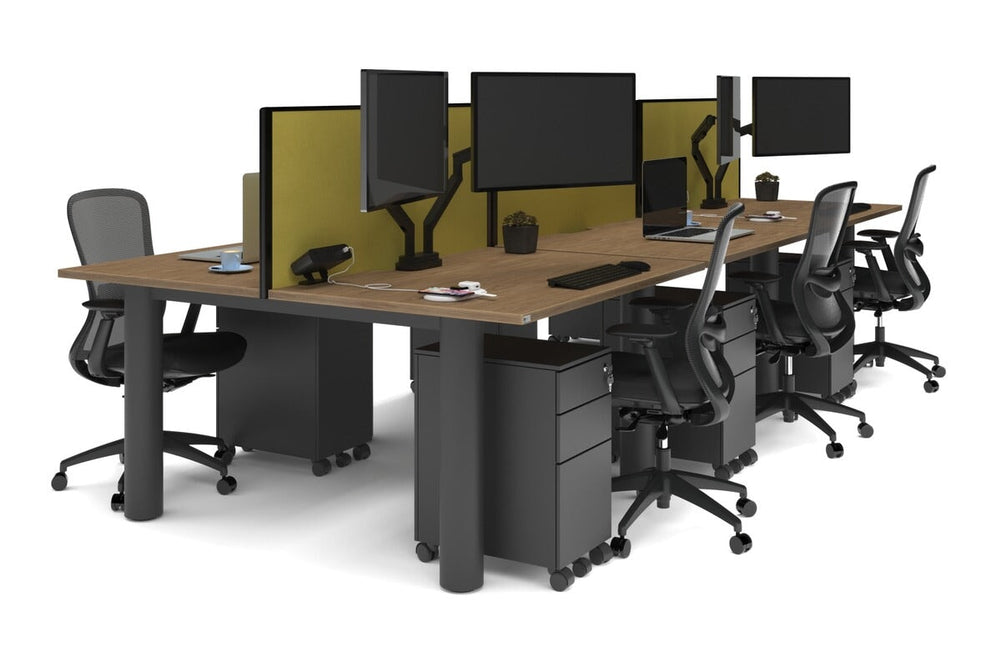 Quadro Cylinder Leg 6 Person Office Workstations [1400L x 700W]-black leg salvage oak mustard yellow (500H x 1400W)
