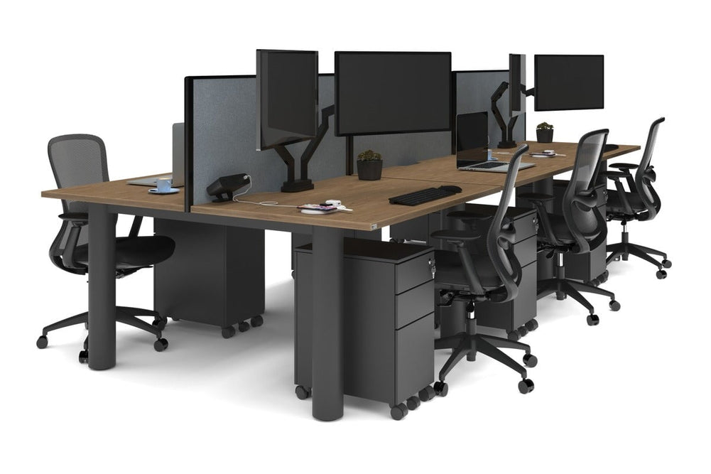 Quadro Cylinder Leg 6 Person Office Workstations [1400L x 700W]-black leg salvage oak cool grey (500H x 1400W)