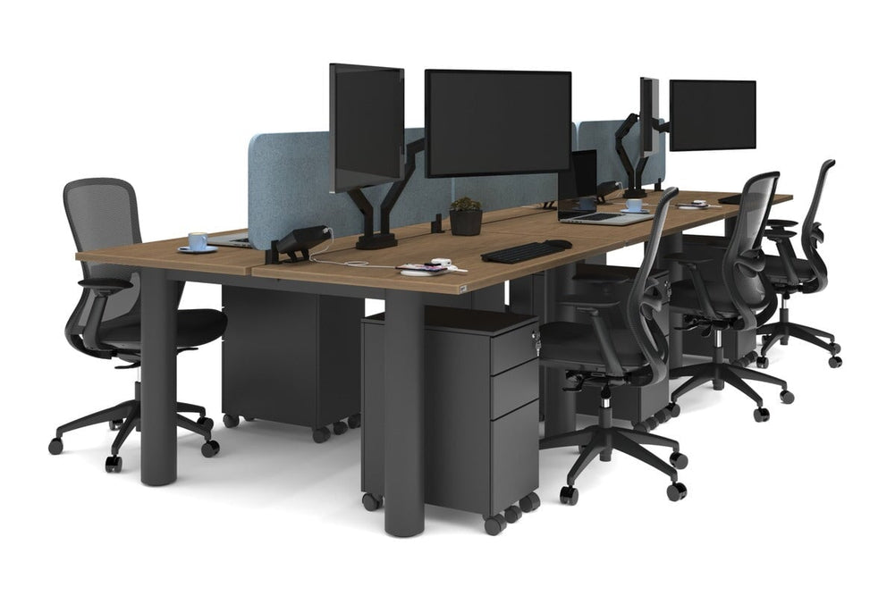 Quadro Cylinder Leg 6 Person Office Workstations [1400L x 700W]-black leg salvage oak blue acoustic panel (400H x 1200W)