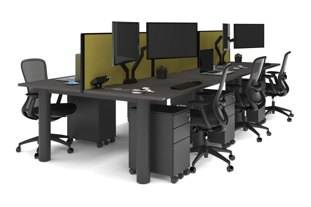 Quadro Cylinder Leg 6 Person Office Workstations [1400L x 700W]-black leg dark oak mustard yellow (500H x 1400W)