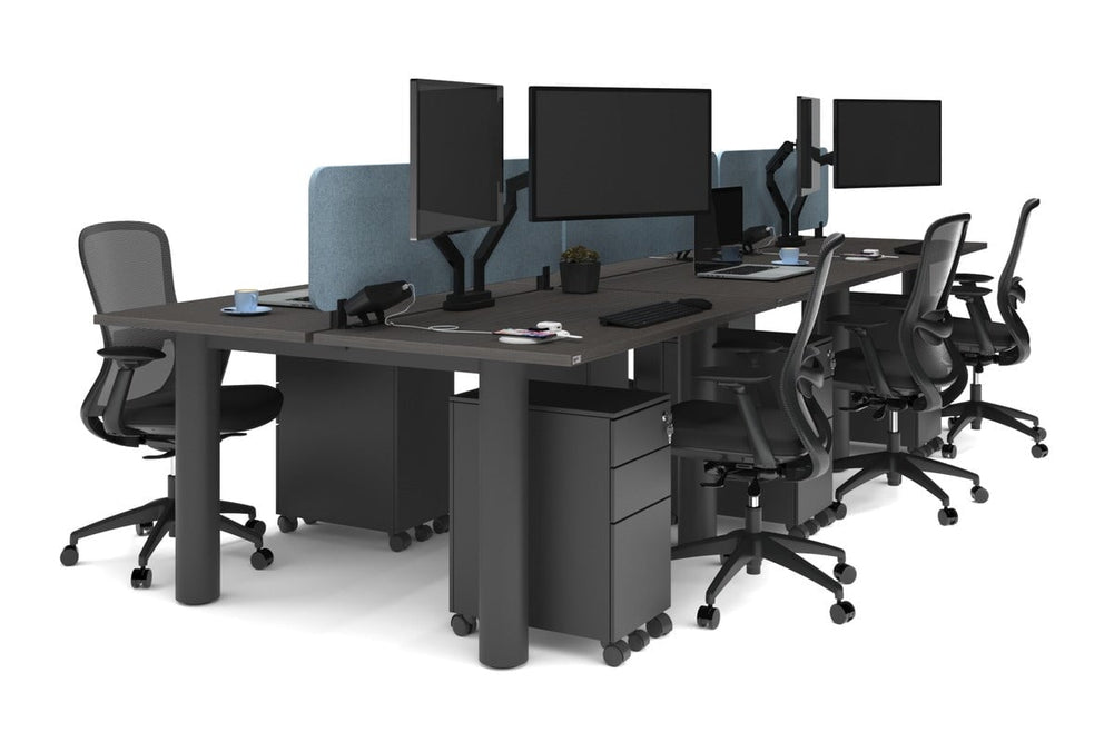 Quadro Cylinder Leg 6 Person Office Workstations [1400L x 700W]-black leg dark oak dark grey acoustic panel (400H x 1200W)