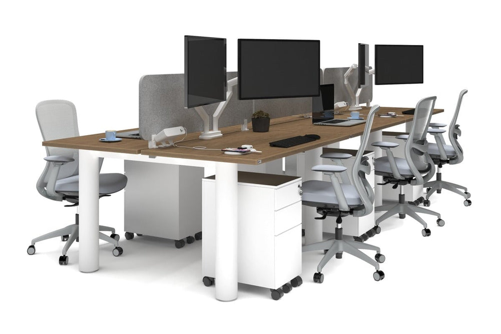 Quadro Cylinder Leg 6 Person Office Workstations [1400L x 700W]-white leg salvage oak light grey acoustic panel (400H x 1200W)