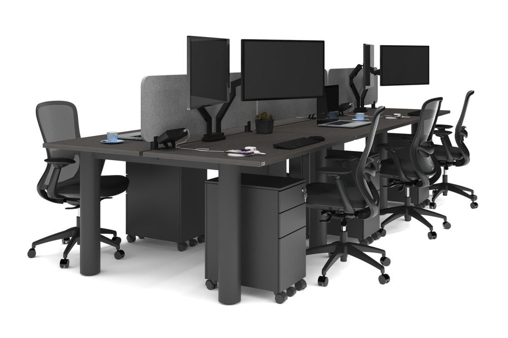 Quadro Cylinder Leg 6 Person Office Workstations [1400L x 700W]-black leg dark oak light grey acoustic panel (400H x 1200W)