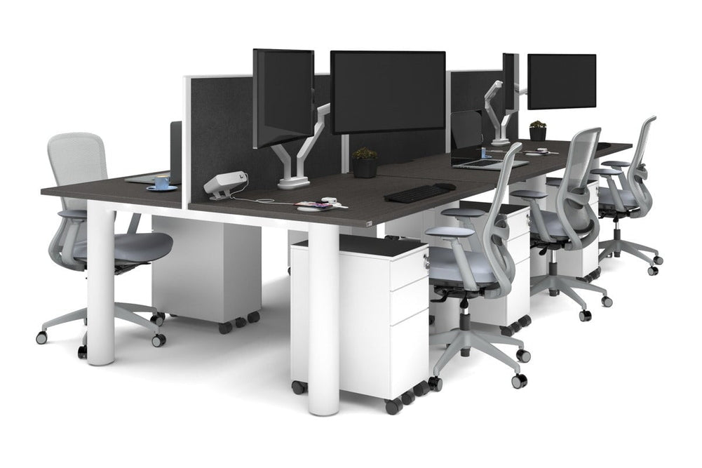 Quadro Cylinder Leg 6 Person Office Workstations [1400L x 700W]-white leg dark oak moody charcoal (500H x 1400W)