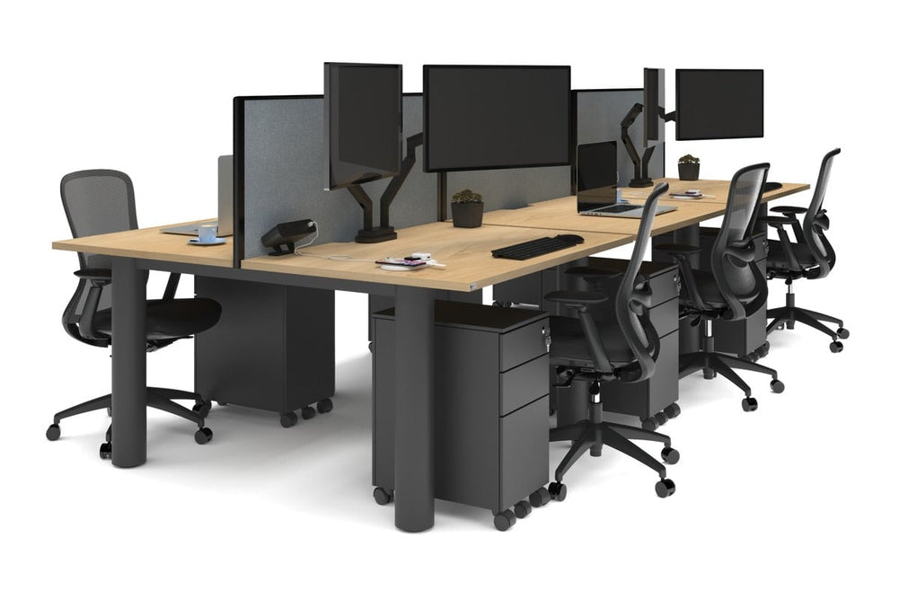 Quadro Cylinder Leg 6 Person Office Workstations [1400L x 800W with Cable Scallop]-black leg maple cool grey (500H x 1400W)