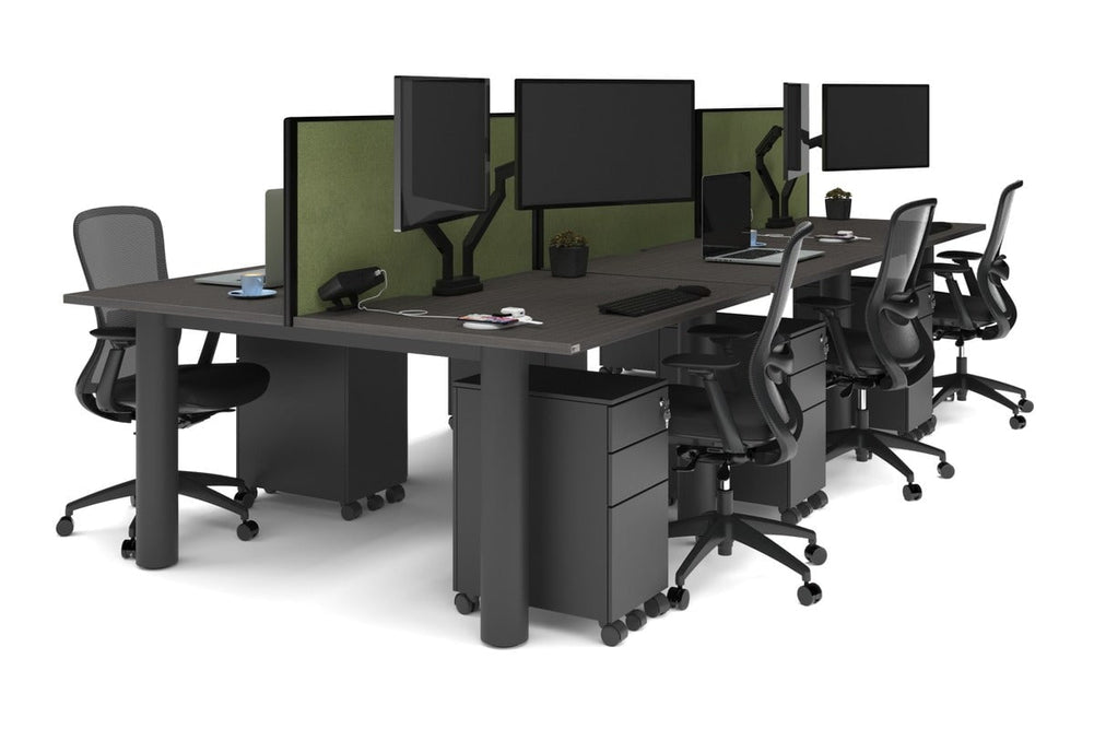 Quadro Cylinder Leg 6 Person Office Workstations [1400L x 800W with Cable Scallop]-black leg dark oak green moss (500H x 1400W)