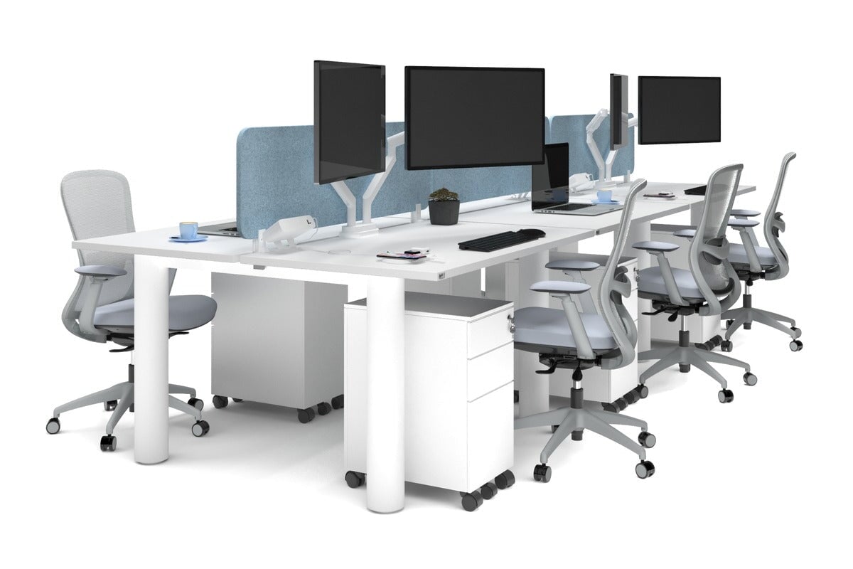 Quadro Cylinder Leg 6 Person Office Workstations [1400L x 800W with Cable Scallop]-white leg white blue echo panel (400H x 1200W)