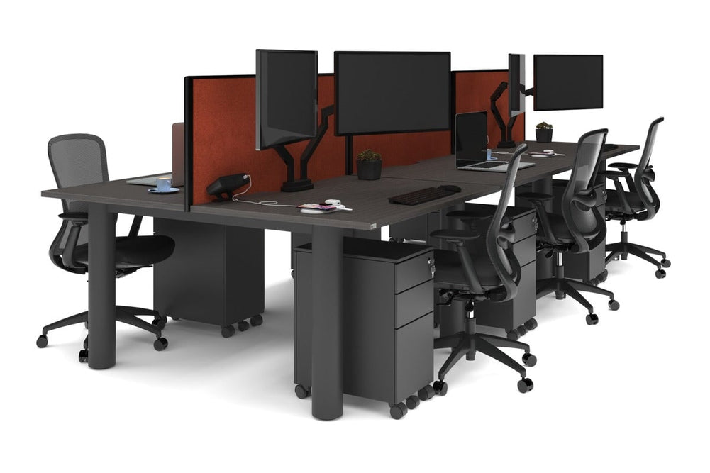 Quadro Cylinder Leg 6 Person Office Workstations [1400L x 800W with Cable Scallop]-black leg dark oak orange squash (500H x 1400W)