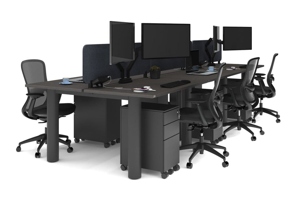 Quadro Cylinder Leg 6 Person Office Workstations [1400L x 800W with Cable Scallop]-black leg dark oak blue acoustic panel (400H x 1200W)
