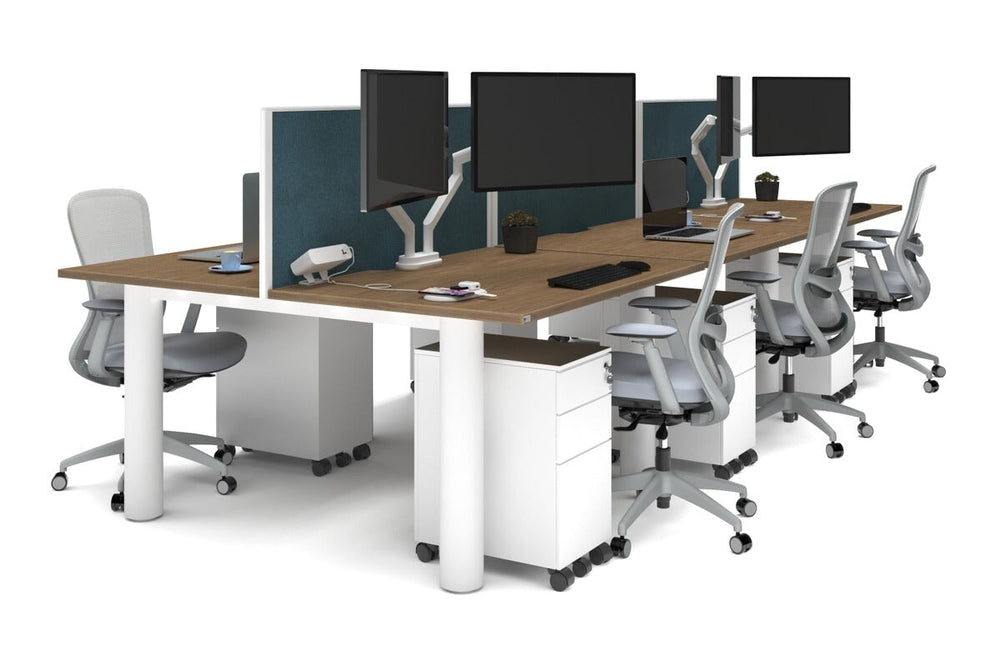 Quadro Cylinder Leg 6 Person Office Workstations [1400L x 800W with Cable Scallop]-white leg salvage oak deep blue (500H x 1400W)