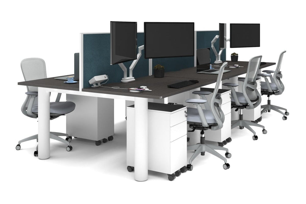 Quadro Cylinder Leg 6 Person Office Workstations [1400L x 800W with Cable Scallop]-white leg dark oak deep blue (500H x 1400W)