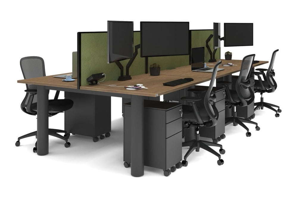 Quadro Cylinder Leg 6 Person Office Workstations [1400L x 800W with Cable Scallop]-black leg salvage oak green moss (500H x 1400W)