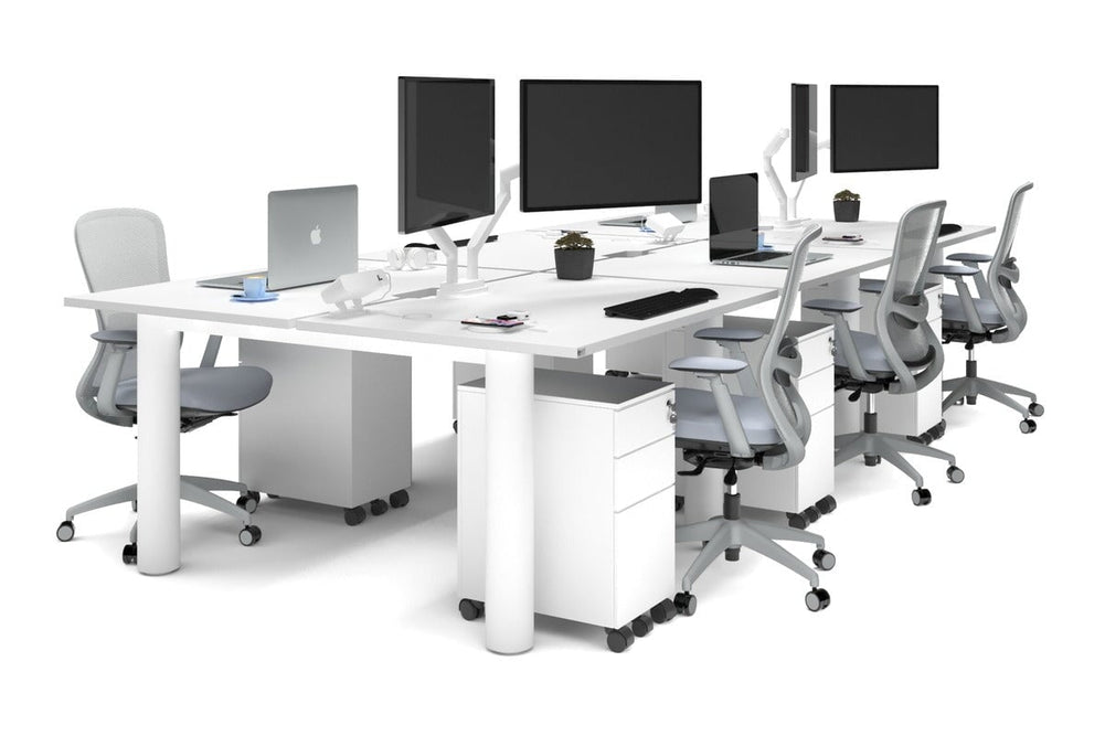 Quadro Cylinder Leg 6 Person Office Workstations [1400L x 800W with Cable Scallop]-white leg white none
