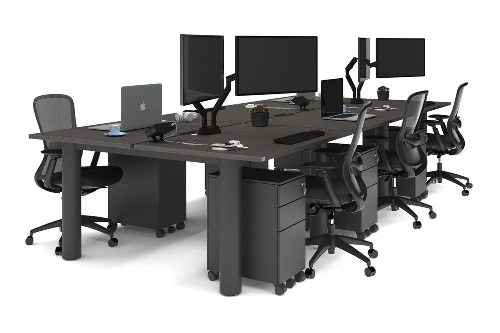 Quadro Cylinder Leg 6 Person Office Workstations [1400L x 800W with Cable Scallop]-black leg dark oak none