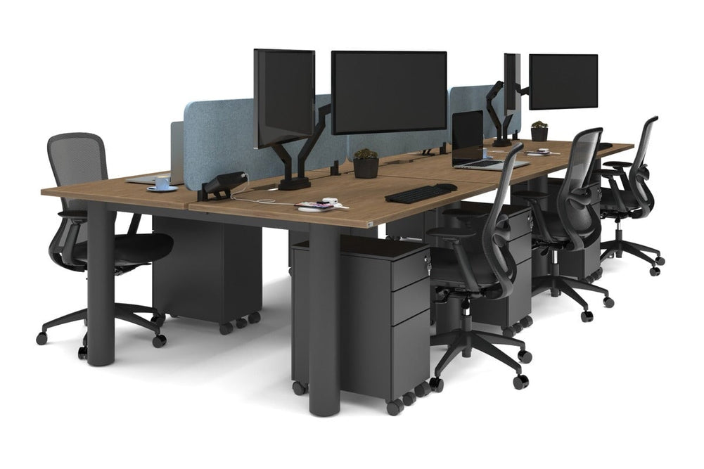 Quadro Cylinder Leg 6 Person Office Workstations [1400L x 800W with Cable Scallop]-black leg salvage oak blue acoustic panel (400H x 1200W)