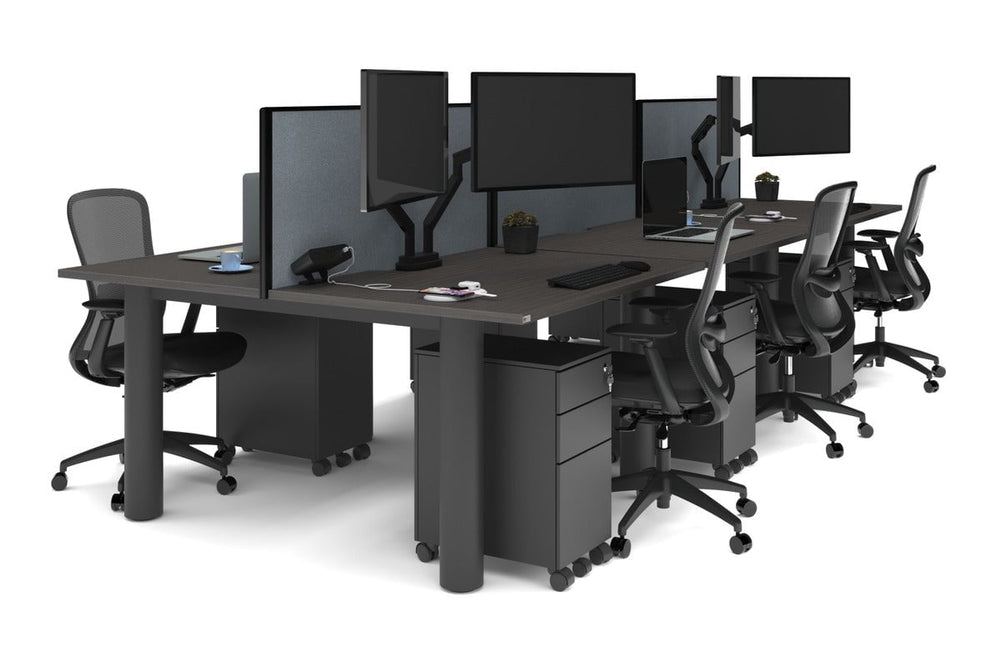 Quadro Cylinder Leg 6 Person Office Workstations [1400L x 800W with Cable Scallop]-black leg dark oak cool grey (500H x 1400W)