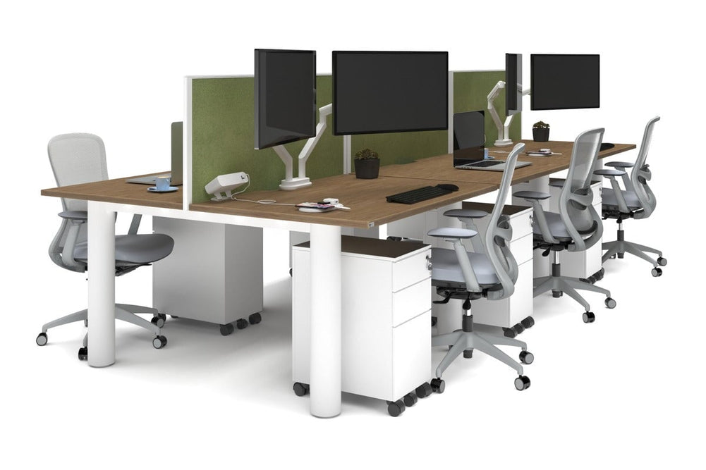 Quadro Cylinder Leg 6 Person Office Workstations [1400L x 800W with Cable Scallop]-white leg salvage oak green moss (500H x 1400W)