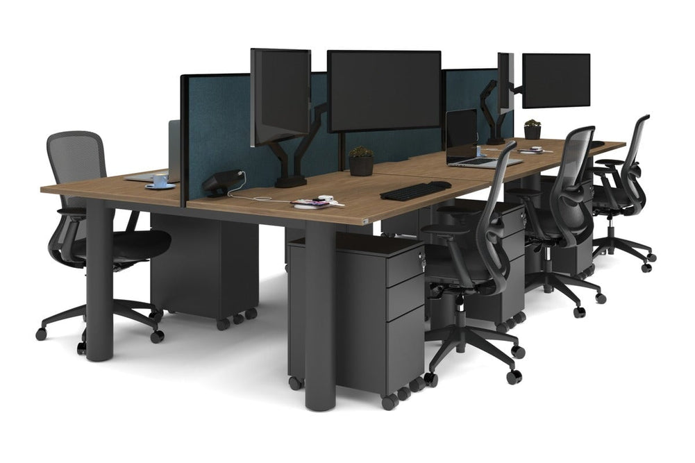 Quadro Cylinder Leg 6 Person Office Workstations [1400L x 800W with Cable Scallop]-black leg salvage oak deep blue (500H x 1400W)