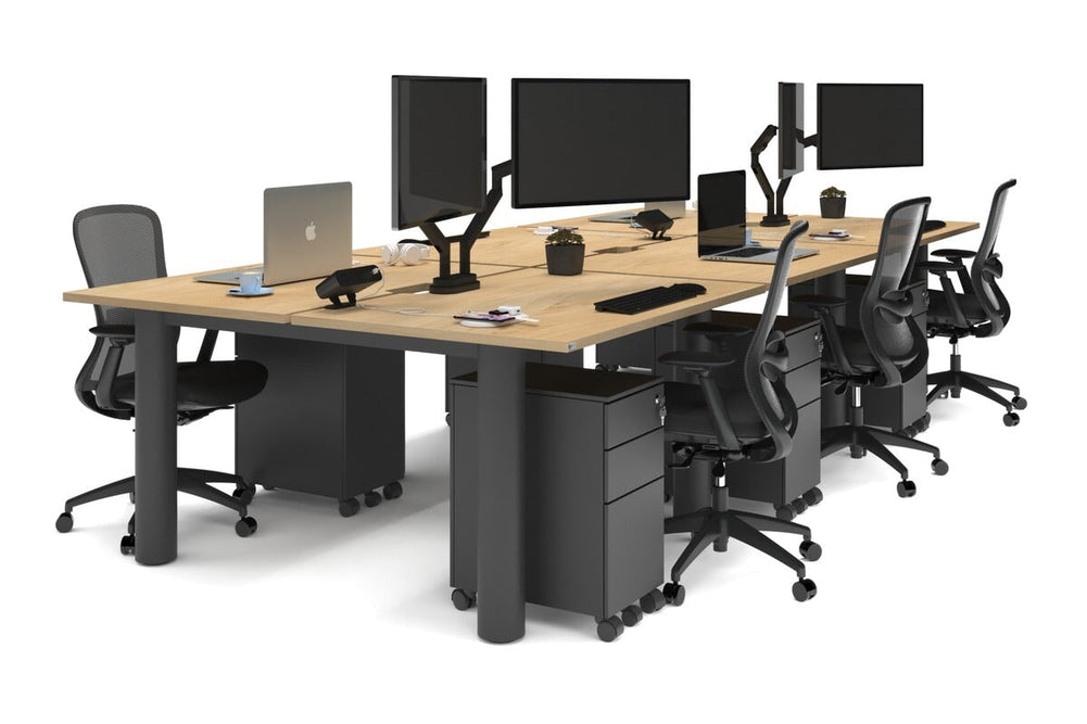 Quadro Cylinder Leg 6 Person Office Workstations [1400L x 800W with Cable Scallop]-black leg maple none