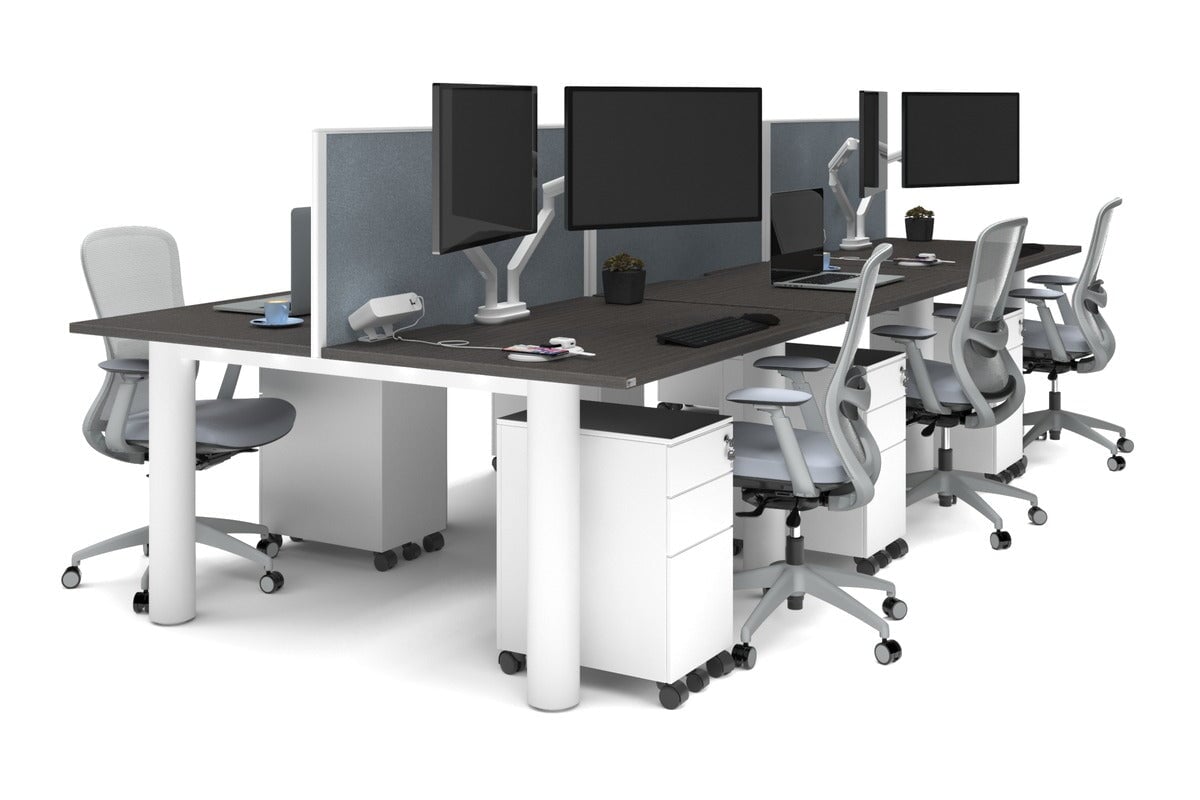 Quadro Cylinder Leg 6 Person Office Workstations [1400L x 800W with Cable Scallop] Jasonl white leg dark oak cool grey (500H x 1400W)
